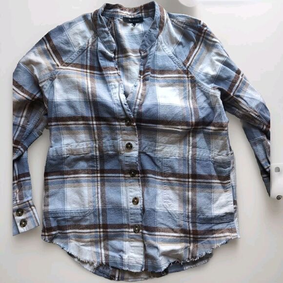 Blu Pepper Women's L Blue White Plaid Button-Up Long Sleeve Collarless Frayed - Picture 1 of 12